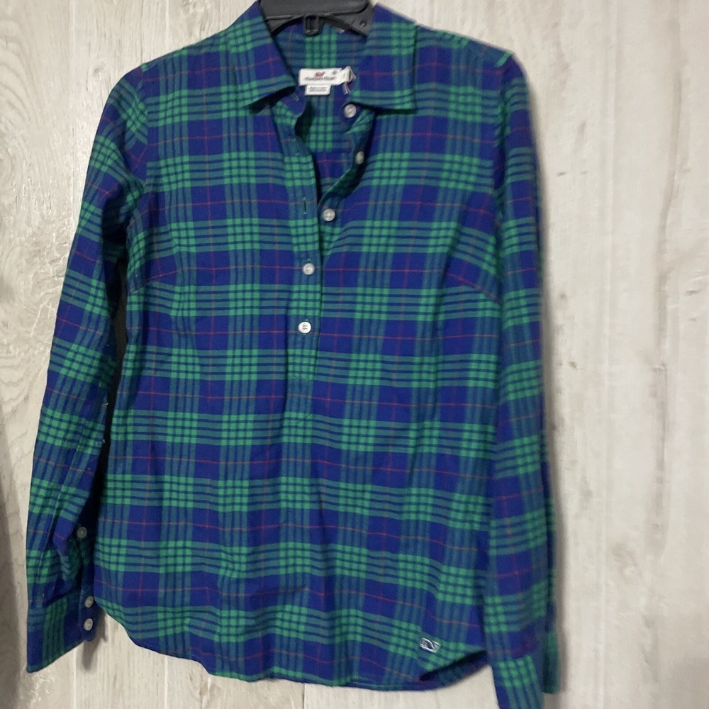 VINEYARD VINES Popover Flannel Shirt Womens Sz 2 Plaid Cotton Roll Tab